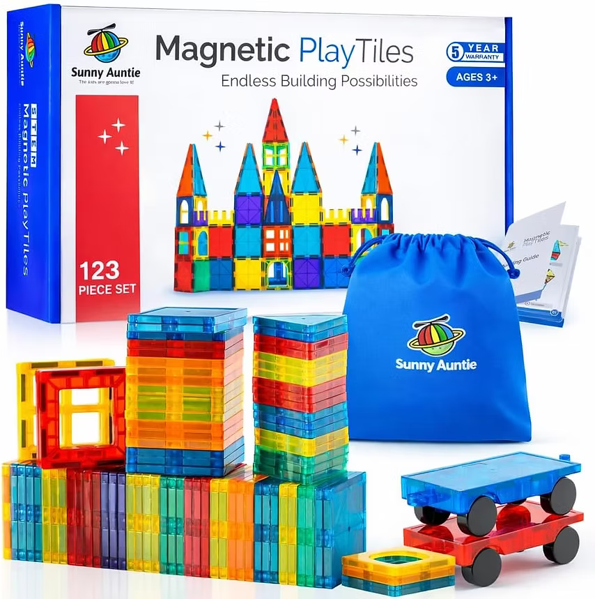 Magnetic Tiles 123 PCS with 2 Cars & Storage Bag